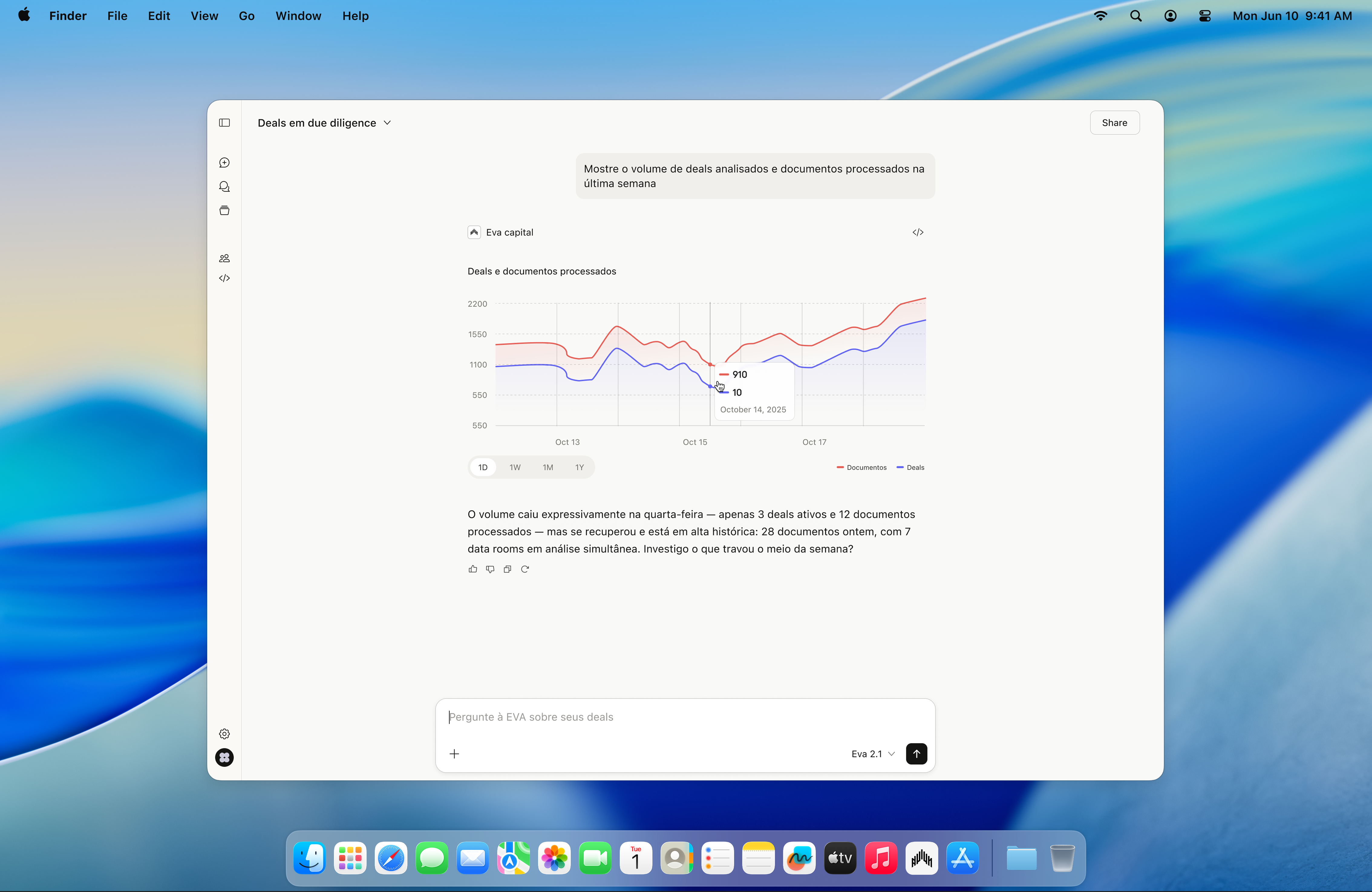 Interface da EVA analisando deals em due diligence